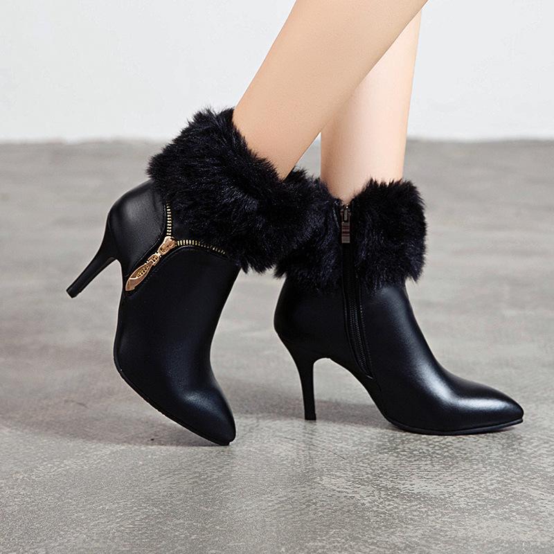 -Large size pointed thin heel short hairy boots European and American short boots women's boots Martin boots