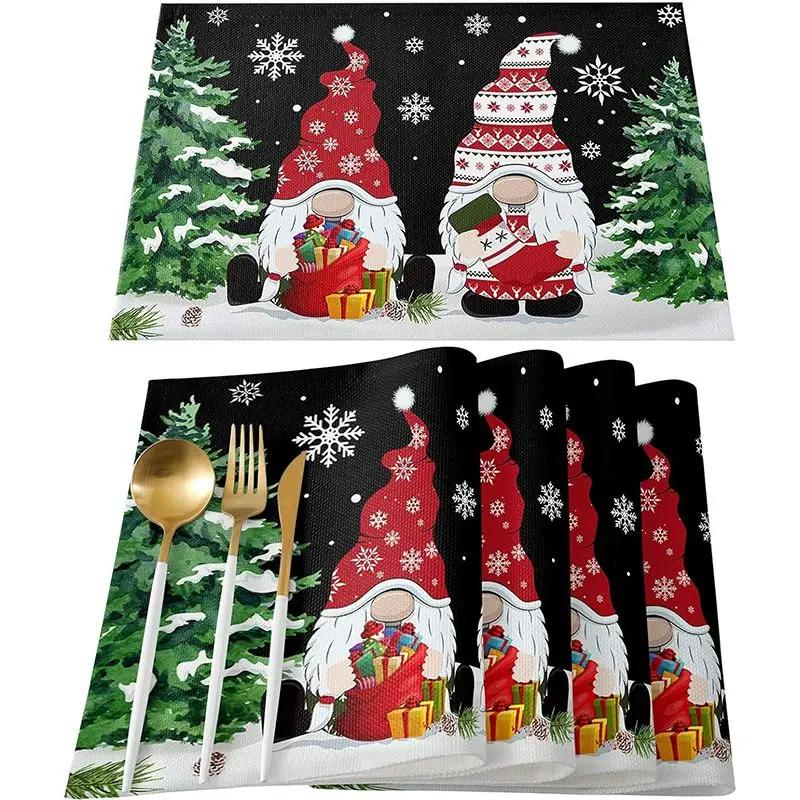 1PC Merry Christmas Placemats Linen Table Mats Washable Buffalo Plaid Farm Xmas Tree Placemat for Party Kitchen Table Decor