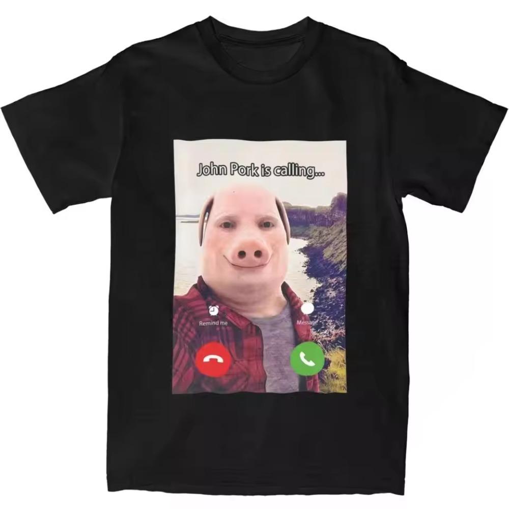 John Pork Is Calling Answer Call Phone T-Shirt Humor Funny Pig Graphic Tee Streetwear High Quality  Short Sleeve T Shirt
