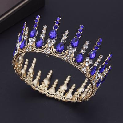 Vintage Barok Mavi Kristal Düğün Taç Saç Takı Gelin Headdress Kraliçe Kral Gelin Tiaras Diadem Parti Balo Süsler