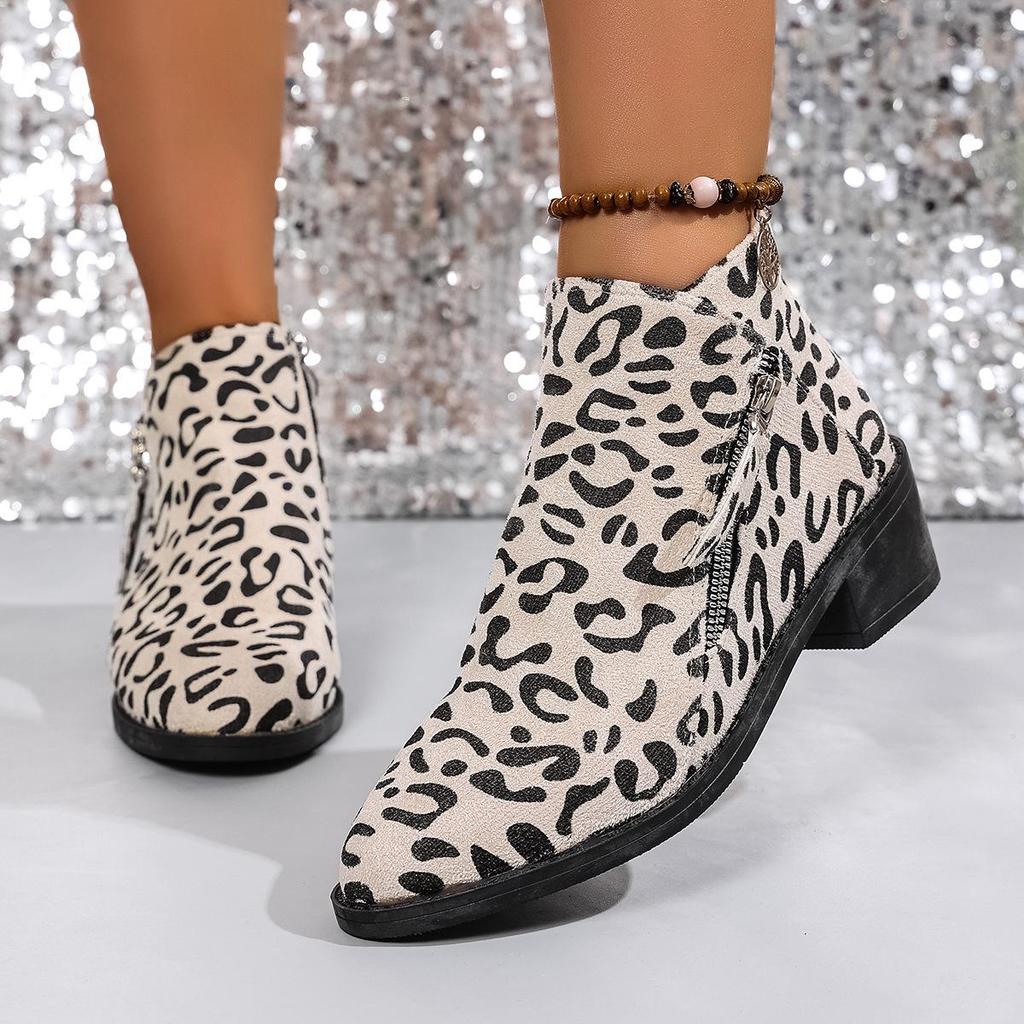 Autumn 2025 Chunky Heel Leopard Print Short Boots: Women's Plus Size Pointed Toe, British Style, Medium Heel Fashion