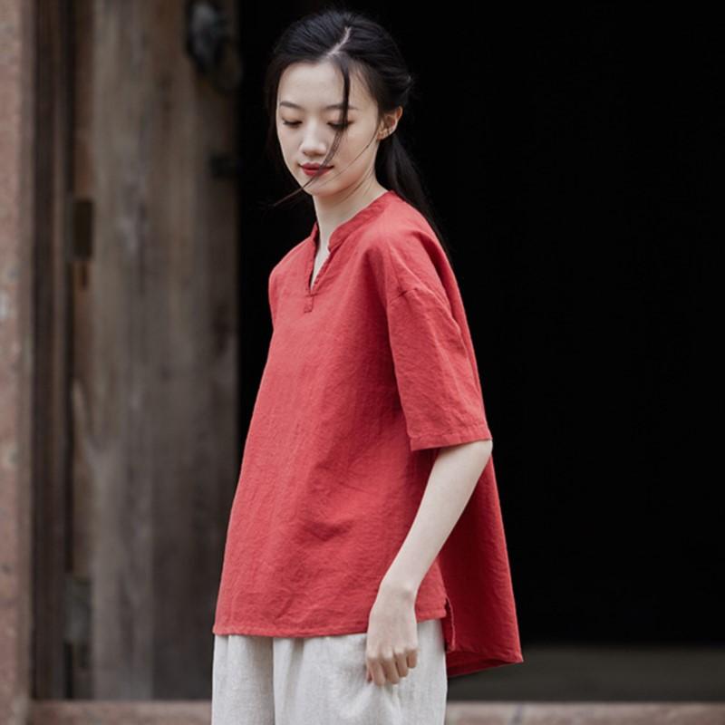 Johnature Damen Vintage T-Shirts aus Baumwolle und Leinen, einfarbig, Sommer-T-Shirts, V-Ausschnitt, kurzärmelig