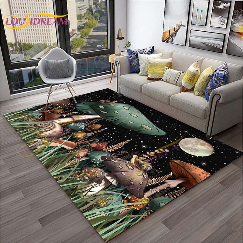 3D Starry Botanical Sun Moonlit Mushroom Rug Floral Hippie Moon Phase Carpet for Aesthetic Bedroom Living Room Vintage Game Mat