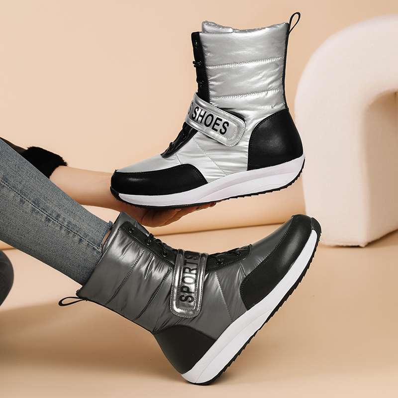 Krazing Pot Microfiber Down Boots Winter Shoes Med Heels Size 44 Wedges Super Size Snow Boots Hook Loop Mixed Color Keep Warm Mid-calf Boots