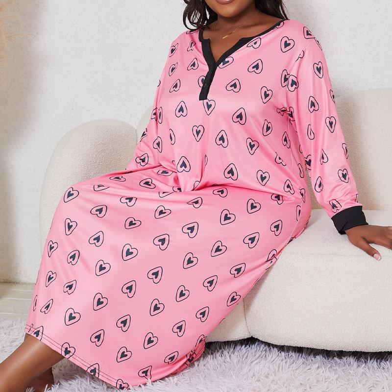 

Spring Autumn Plus Size XL-5XL Pink Graphic Printed Long Sleeve Women Nightgown Sexy V Neck Oversized Sleepwear Female Nightwear Homwear Clothing 5XL