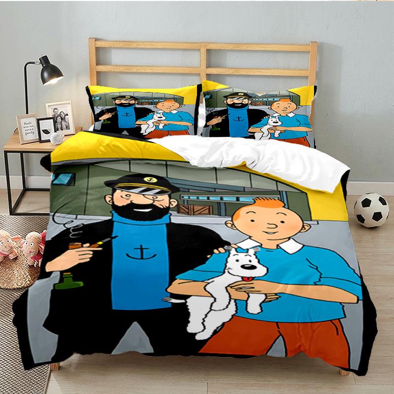 Juego de Ropa de Cama de 3 Piezas Aventura en la Ciudad de Tintín, Incluye 1 Funda Nórdica y 2 Fundas de Almohada, Regalo Perfecto para Navidad, Ideal para Dormitorio, Habitación de Estudiante