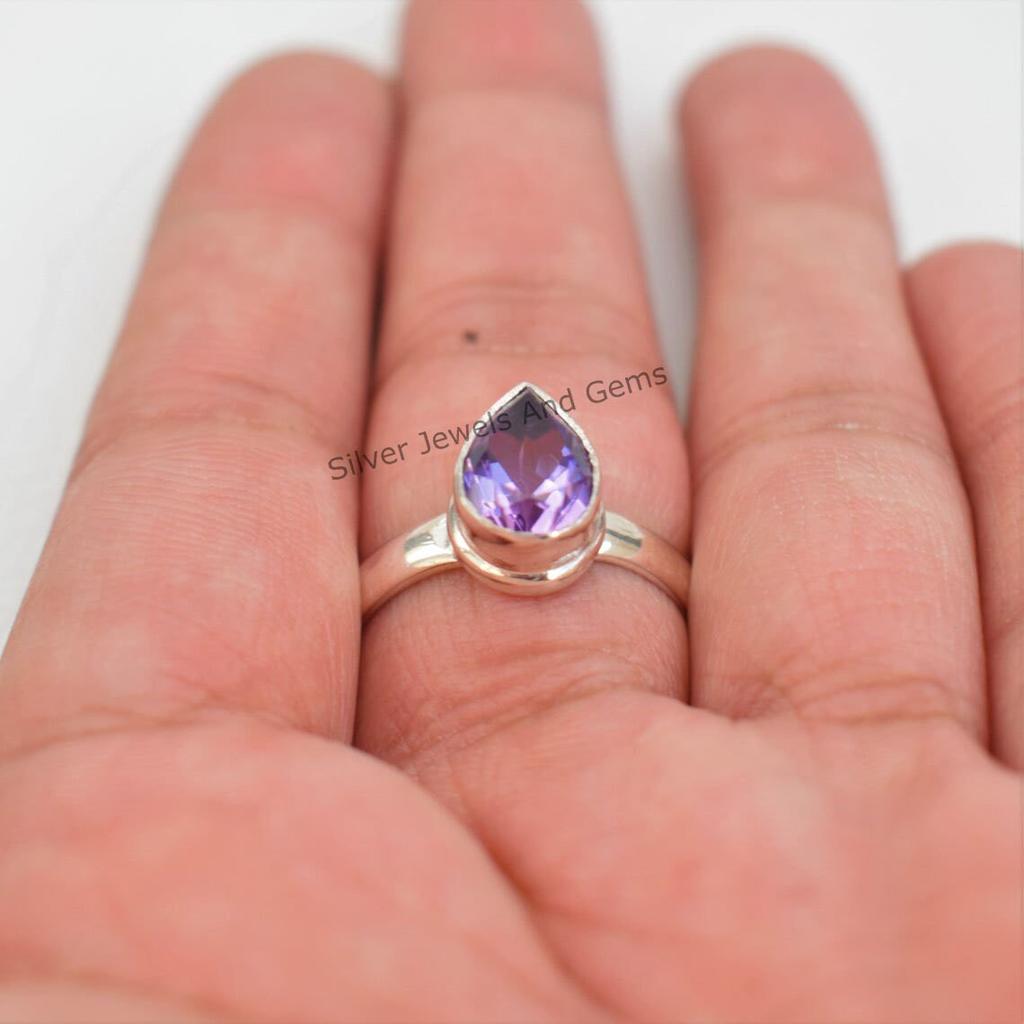 Natural Amethyst Ring, Teardrop Ring, February Birthstone Ring, Handmade Ring for Gift, 925 Sterling Silver Ring, Promise Ring