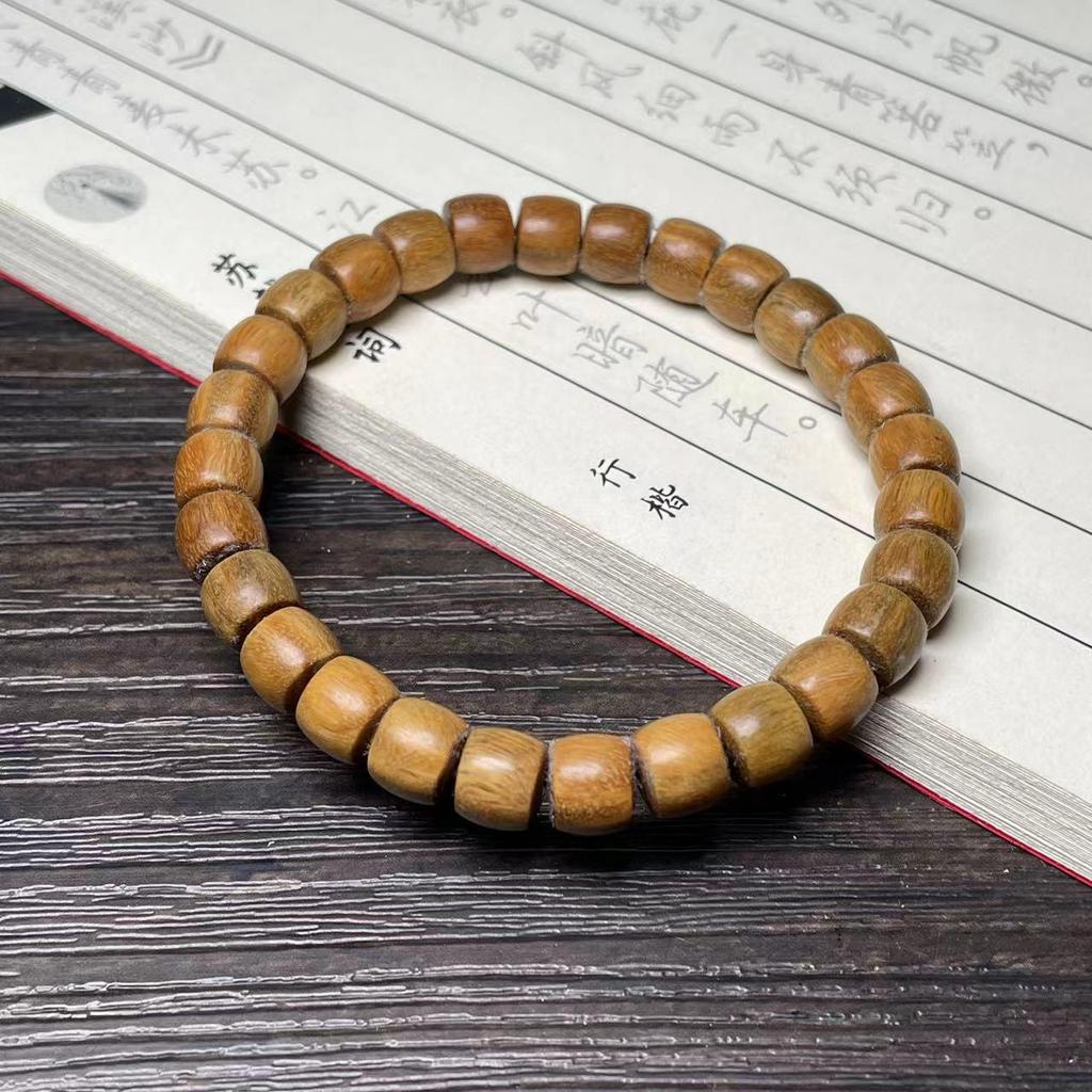 Ethnic Green Sandalwood Straight-Cut Barrel Bead Bracelet, Handmade Unisex Cultural Play Single Loop