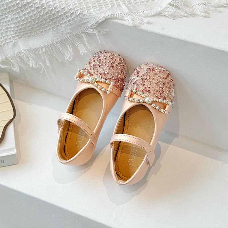 Girls Leather Shoes for Party Wedding Fashion Children Rhinestone Princess Shoes Kids Shallow Flats Mary Jane Shoe Anti-Slippery