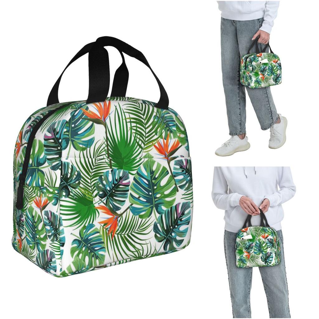 Tropical Green Leaves And Flowers Pattern Insulated Lunch Bag for Women Kids Portable Food Boxes Thermal Lunch Box Tote