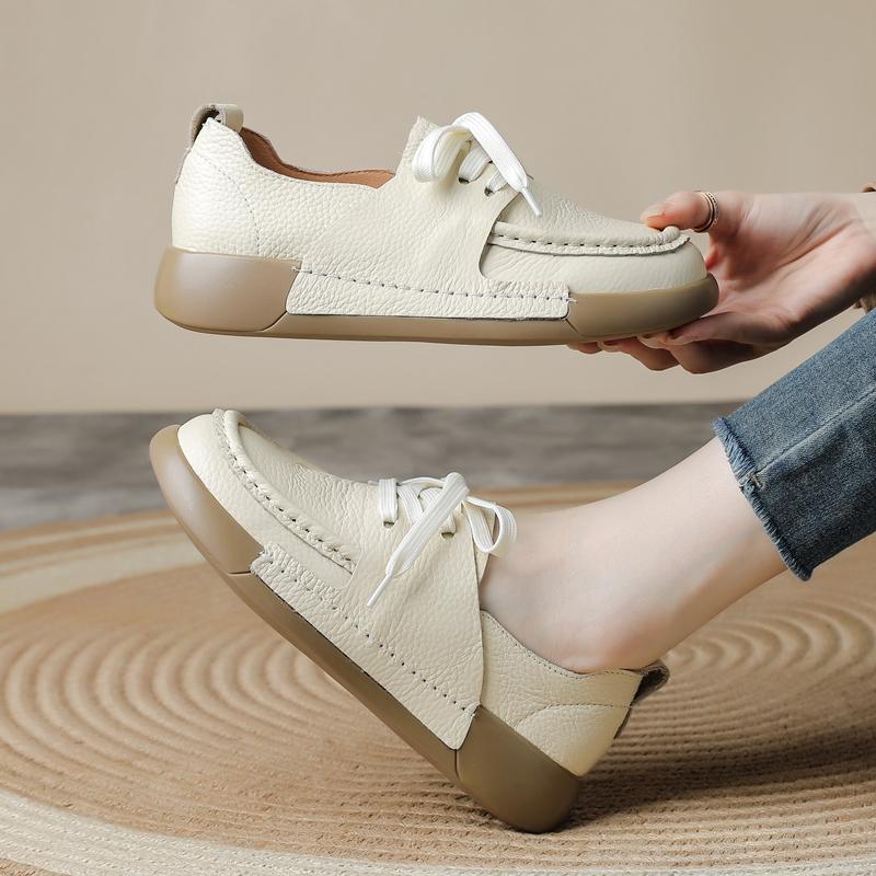 Women Casual Laceup Loafers Comfort Soft Sole Daily Walking Shoes Fashion Round Toe Flat Genuine LeatherShoes Outdoor Travel