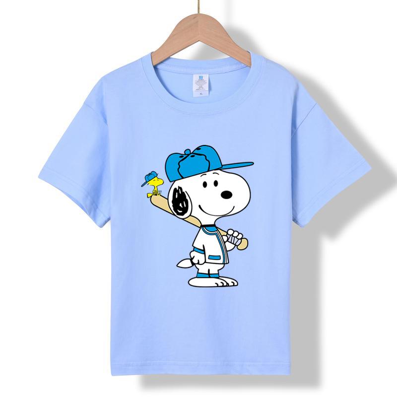 MC-77 MINISO 2026 Summer New Kids 100% Cotton T-Shirt Snoopy Baseball Print Short Sleeve Casual Tee for Boys Girls Ages 2-12