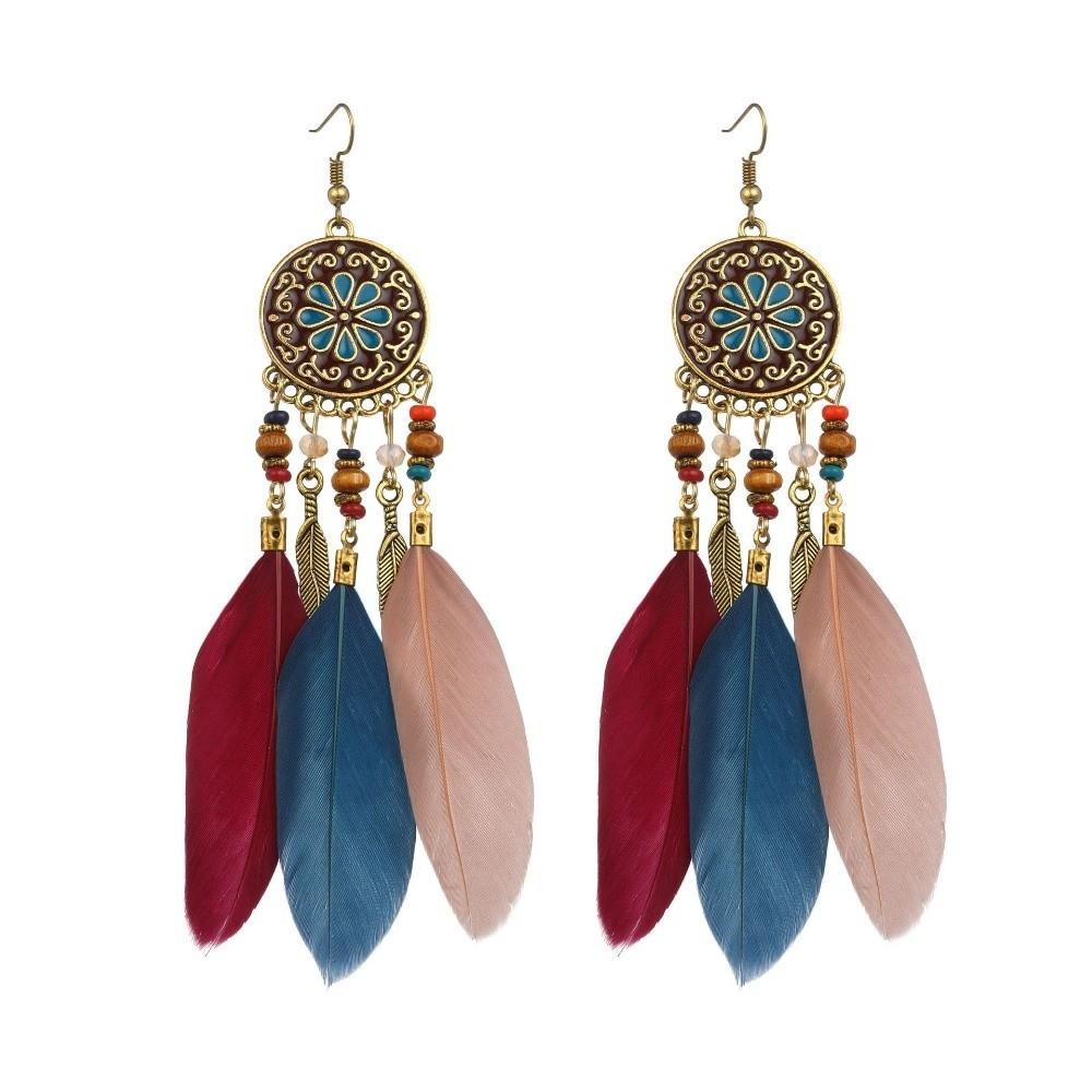 Boho Feather Earrings Ethnic Leaf Shape Long Dangle Tassel Earring Jewelry Accessories Dream Catcher Women Drop Earrings Wedding
