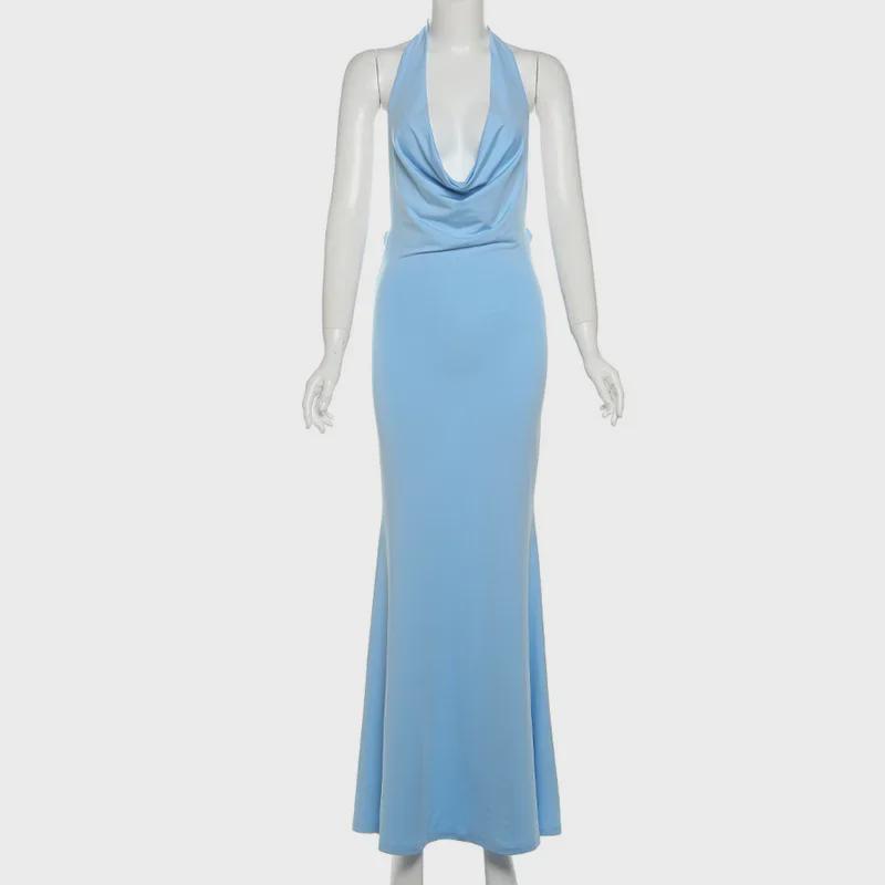 2025 Spring Women's Backless Halter Dress - Solid Color, Slim Fit