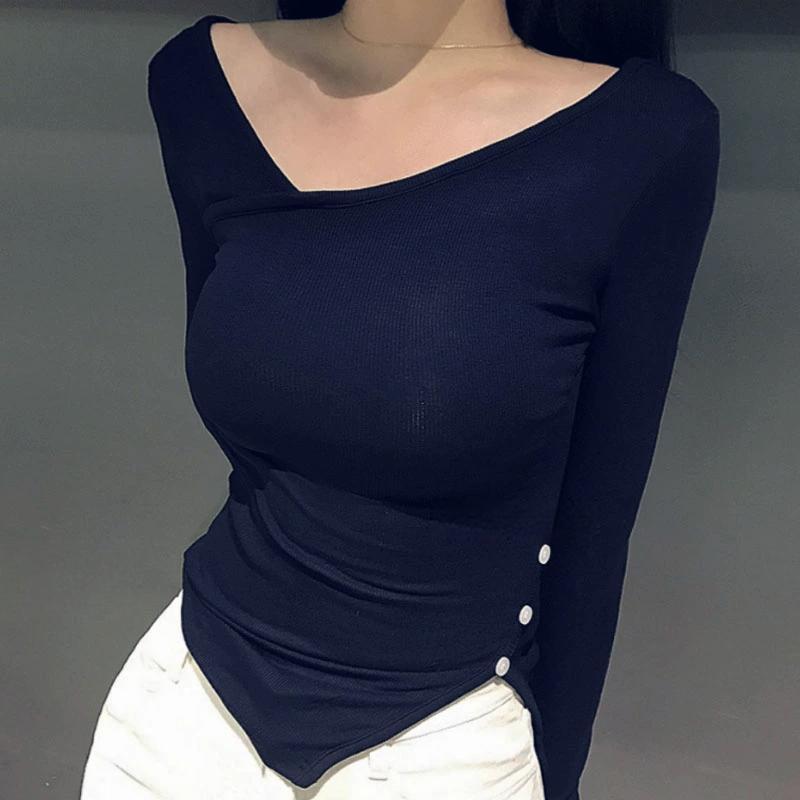 

Korean Dongdaemun Slim V-Neck Long Sleeve T-Shirt - Versatile & Elegant Design One Size темно-синього кольору