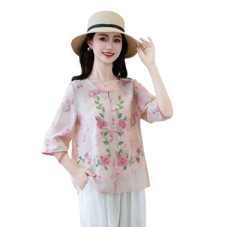Elegant Retro Embroidered Plus-Size Women's Loose Shirt