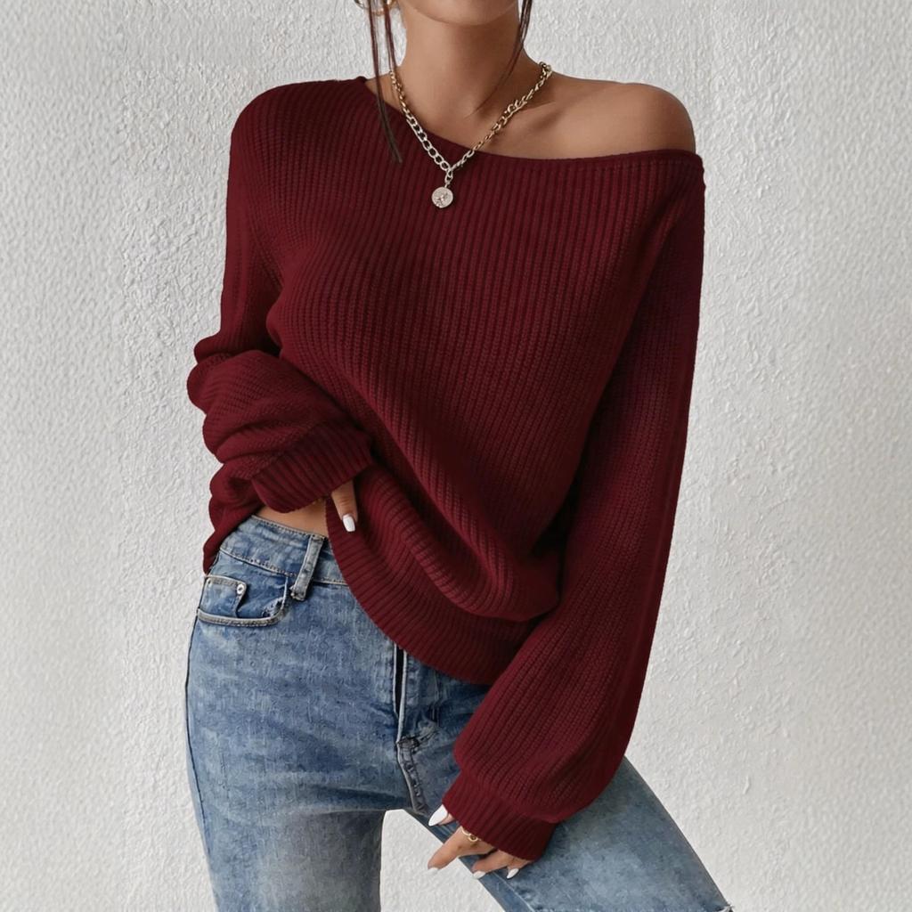 European and American style slanted shoulder one-word neck knitted sweater loose and lazy off-the-shoulder solid color long-sleeved sweater women