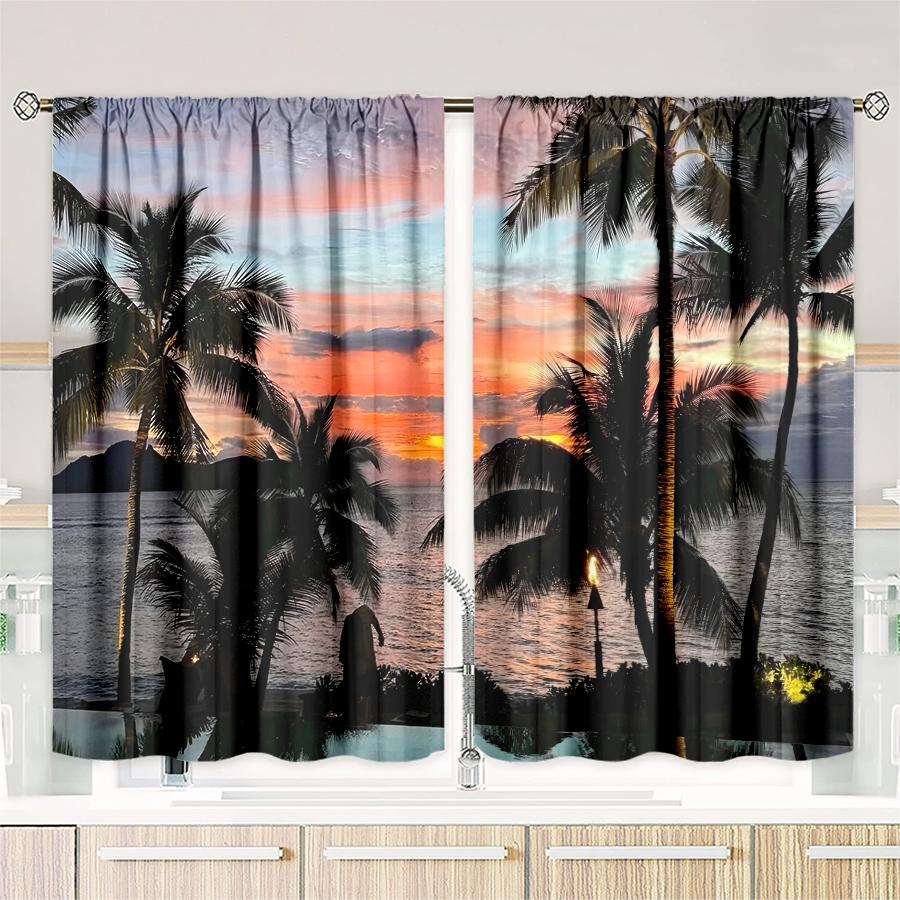 2pcs- Korean-style palm and coconut tree polyester curtains, pole bag curtains 42*84, bedroom, living room, home room decoration