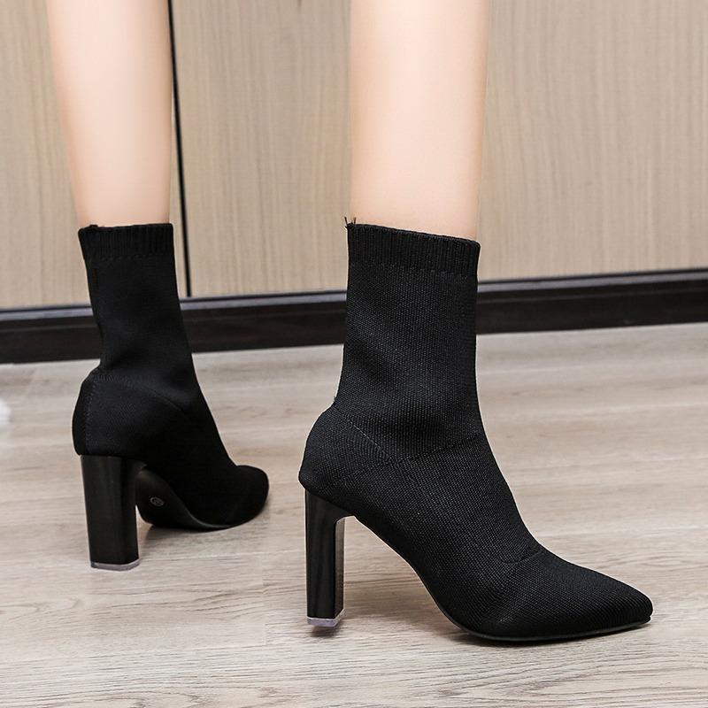 Women Boots Elastic High Heels Boots Breathable Thin Heels Botas Mujer Slip On Ankle Boots Elegant Woman Heeled Shoes D214