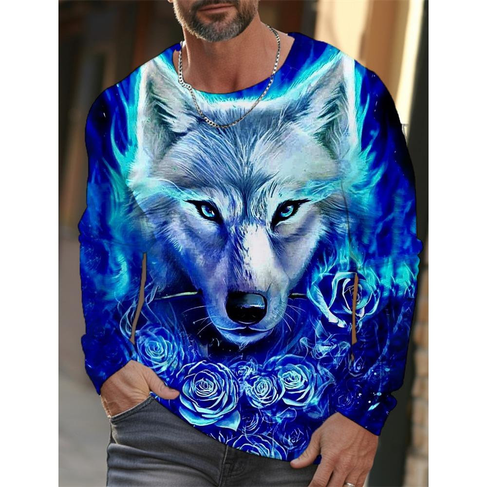 Long-sleeve 3D printed wolf pattern stylish T-shirt, men's street casual, round-neck trendy T-shirt