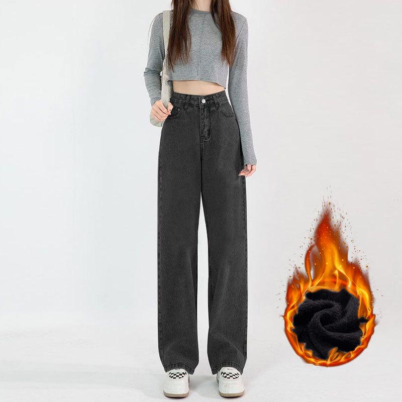 Women's High Waist Plush Wide-Leg Jeans: Thick, Loose, and Versatile for Spring, Autumn, and Winter.