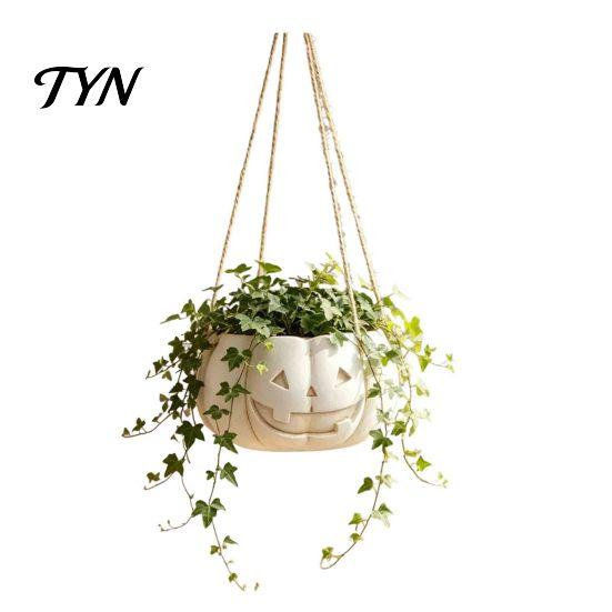 Durable Resin Planter Pumpkin Shaped Hanging Plant Pot, 4.3 Inch Lightweight Flower Adjustable Modern Aesthetic Room Accents Rope Mini Pots for Indoor