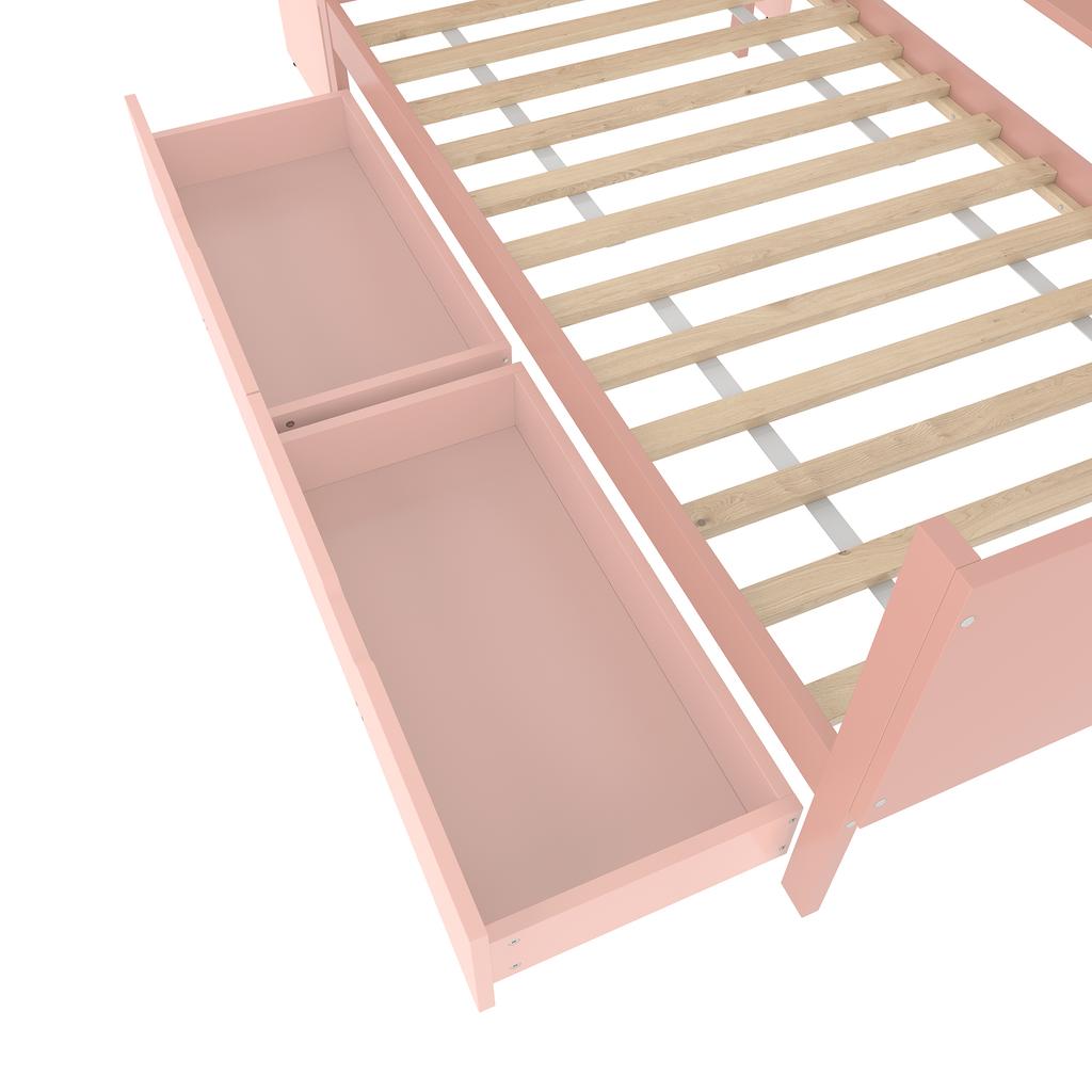 Letto Basso, Letto in Legno, 90x200cm, con Scrivania, Dotato di 2 Cassetti, Letto Singolo(Senza materasso), con Ripiani, Pino+Pannello Truciolare, Rosa