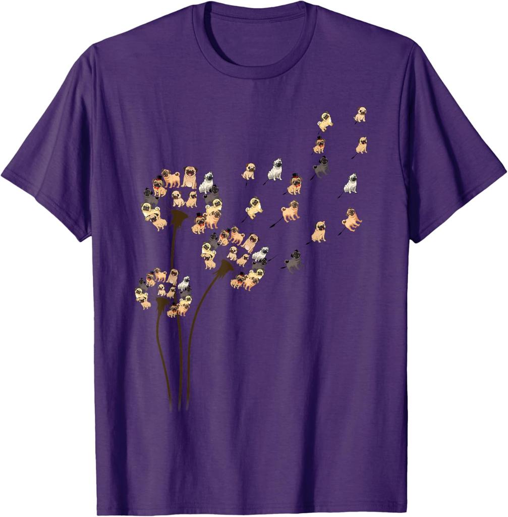 Pug Dandelion Blowing Away Funny Dog Lovers Graphic Tee Casual Cotton TShirt for Men Women