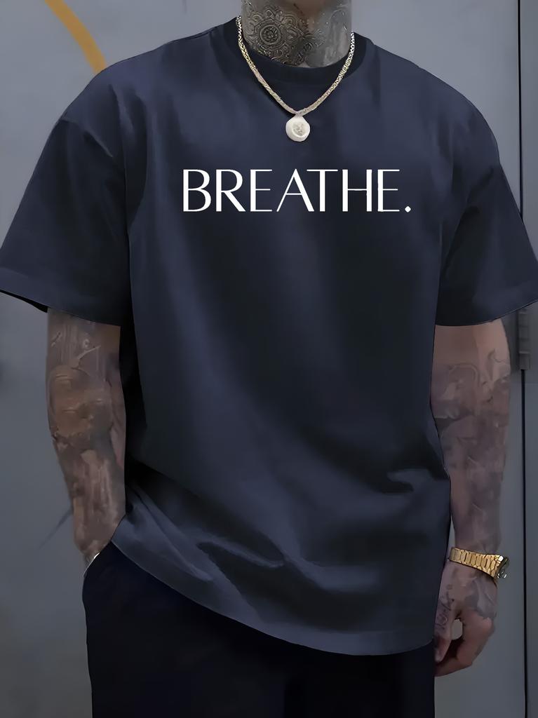Tricou Unisex cu Gât Rotund Simplu Imprimat cu Literele Cuvântului Breathe Mânecă Scurtă Larg Supradimensionat Masculin Zilnic Casual Moale Respirabil Basic Top
