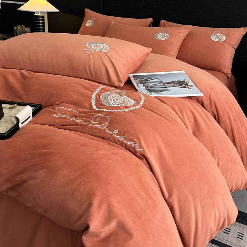 Thickened Milk Fleece Four-Piece Set, Coral Double-Sided Fleece Embroidered Crystal Fleece Quilt Cover, Bed Sheet, Bed Hat Three-Piece Set