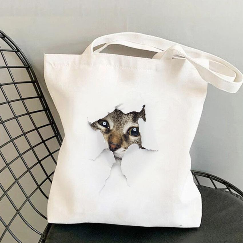 3D Realistic Cute Kitten Print Large Capacity Canvas Tote Bag for Students