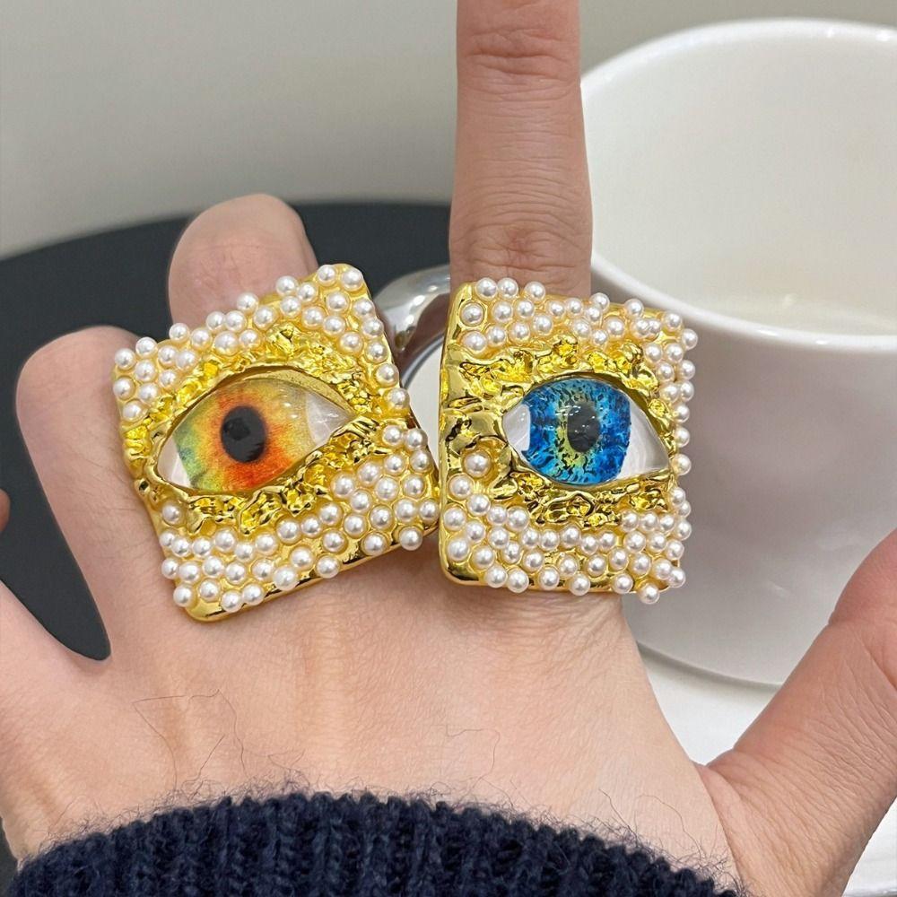 Pearl Demon Eye Ring Geometric Vintage Gold Ring Creative Blue Eyes Ring Friends