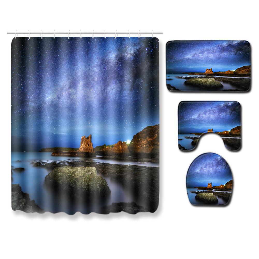 Starry Sky Shower Curtain Floor Mat Combination Four-Piece Set Bathroom Toilet Carpet Shower Room Mat Foot Mat