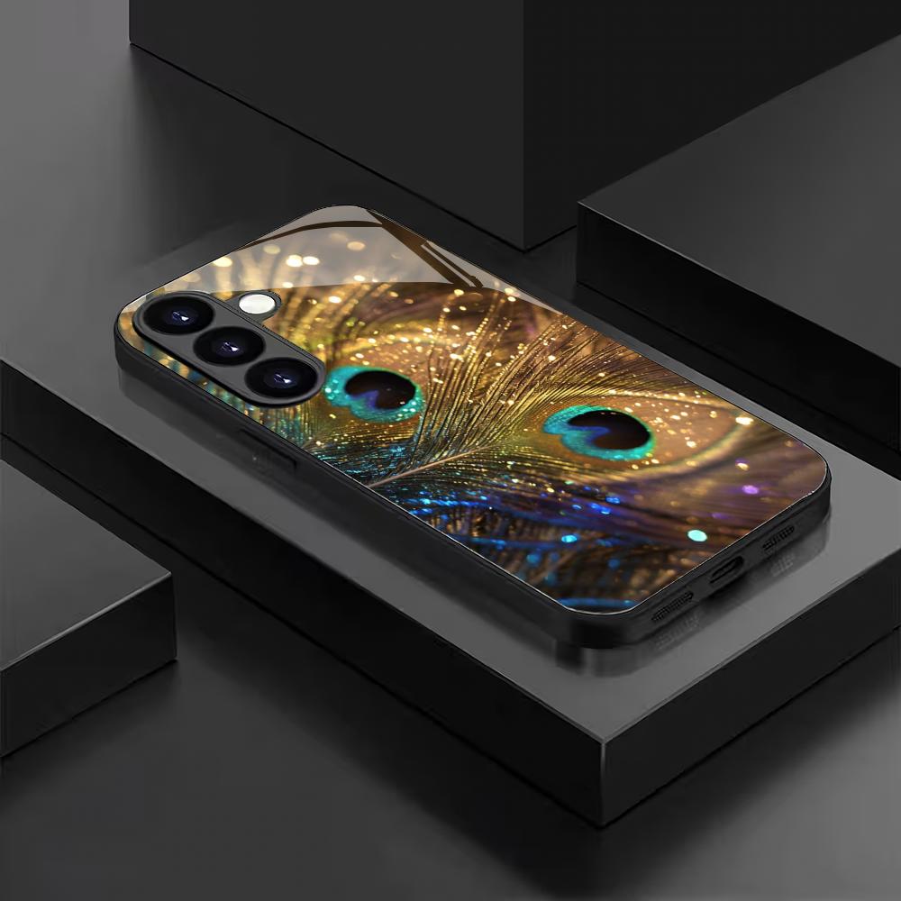 Peacock Feather Tempered Glass Phone Case Suitable for Samsung Galaxy S26 S25 S24 S23 S22 S20 FE/Ultra/Plus Anti Drop Rear Cover