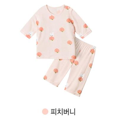 Korean Kids Cool Rayon Pajama Set Summer Breathable Soft Sleepwear Peach Bunny 7/10 Sleeve Children Underwear 2pcs