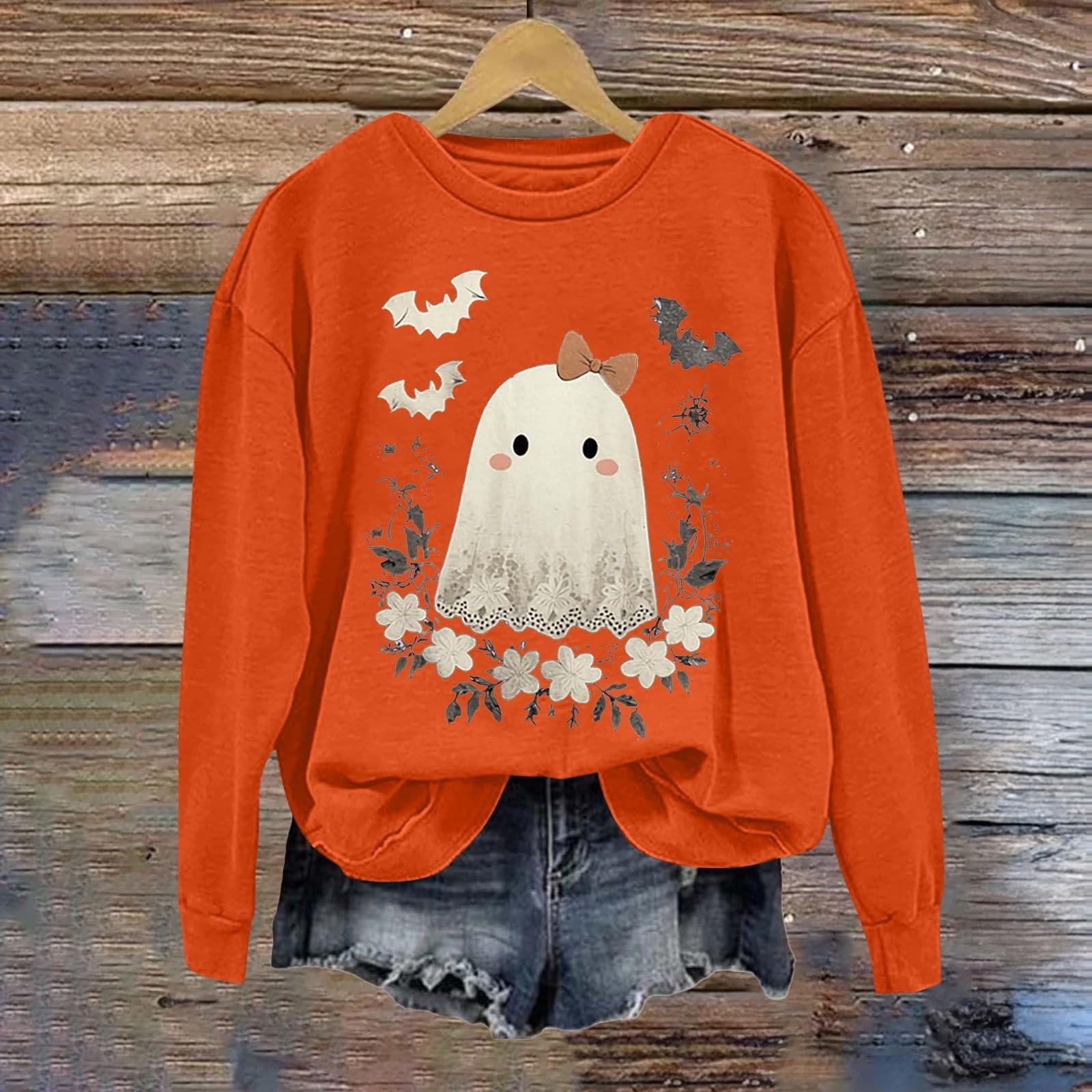 

Женский модный повседневный топ с длинным рукавом и принтом на Хэллоуин, с круглым вырезом XL шафрановый