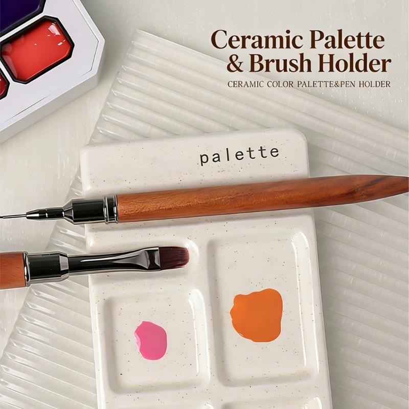 Mehrzweck-Künstlerpalette mit Pinselhaltern 4 Näpfe Keramikpalette für Künstler Student Wasserfarbe Öl Acrylmalerei