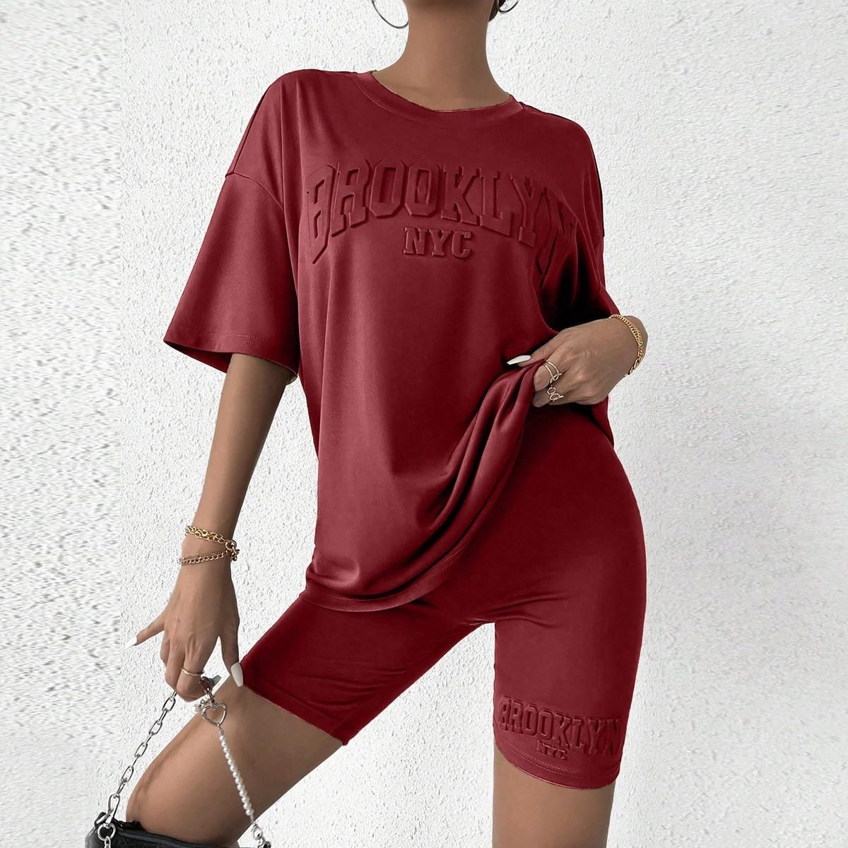 

Женский Женский Летний Комплект с Коротким Рукавом Топы Спортивный Костюм Шорты на Кулиске Спортивный Костюм Наряды XL винный