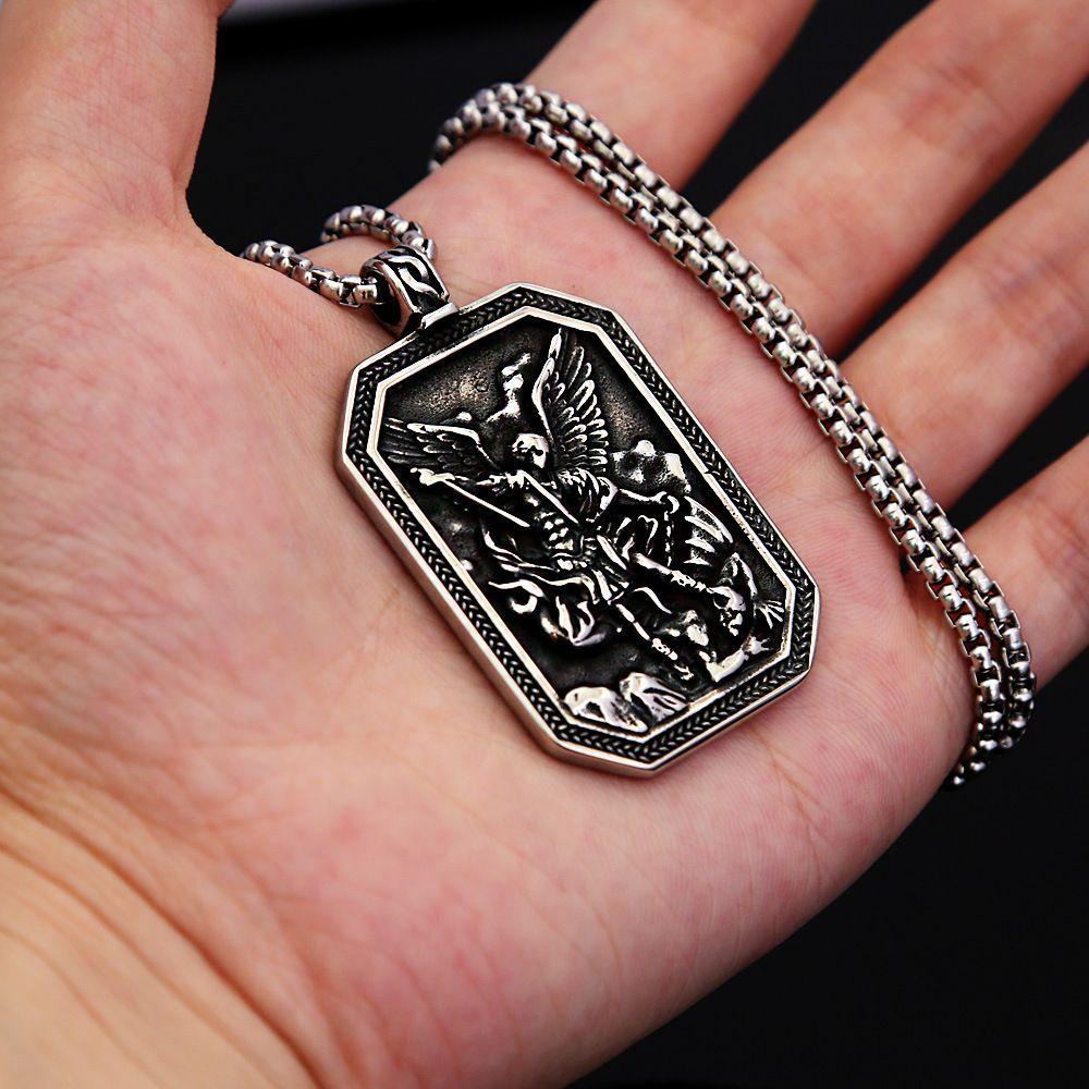 Vintage European and American Titanium Steel Necklace Jewelry Men's Stainless Steel Square Angel Guardian Old Pendant Sweater Chain