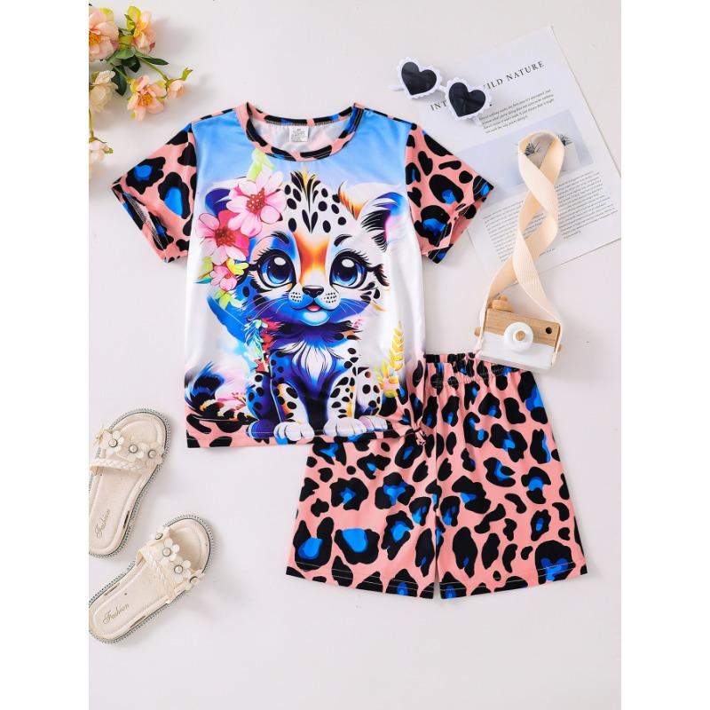 

Летний комплект из 2 предметов детской повседневной одежды с милым мультяшным леопардовым принтом для девочек, разноцветный, тонкий, прохладный и дышащий, 4-8 лет 160