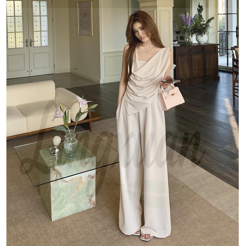 

Elegant Halter Top & Wide-Leg Trousers Two-Piece Set for Women - Spring/Summer 2026 Collection S абрикосовый