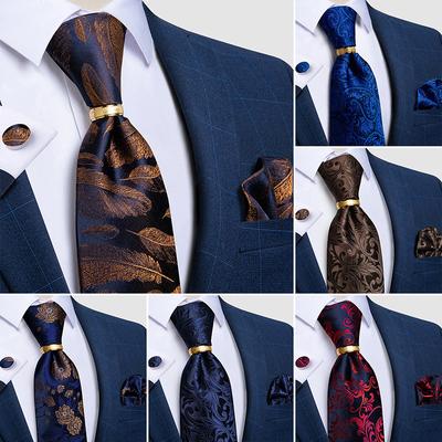 Mens Ties Set with Ring Special Design Business Silk Tie Handkerchief Cufflinks Set for Formal Party