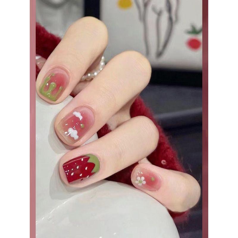 

Handmade Wear Nail Summer Strawberry Dopamine Ice Blusher Nail Sequins Green Contrast Color Nail Stickers Finished Short Strawberry dopamine special trumpet XS