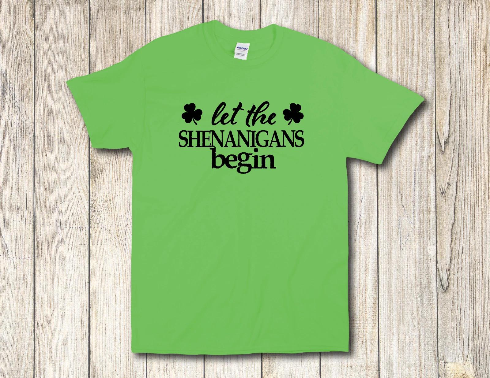 Let The Shenanigans Begin Funny St Patricks Day Clover Jersey Green T-Shirt M