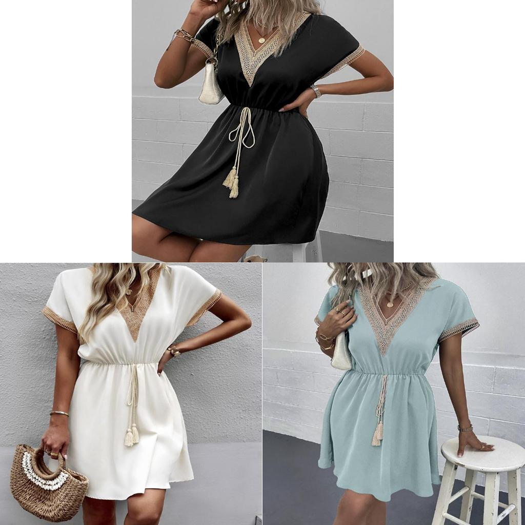 Summer Casual Crochet Vneck Dress With Short Sleeves For Women