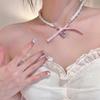 Romantic Pink Heart Bow Pearl Necklace - Sweet Pure Desire Women's Choker