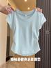 Korean Gentle Light Blue White and Thin Design Pleated Top Front Shoulder Short Sleeve Women's Summer Simple and Versatile T-shirt