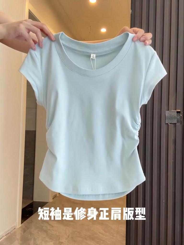 Korean Gentle Light Blue White and Thin Design Pleated Top Front Shoulder Short Sleeve Women's Summer Simple and Versatile T-shirt