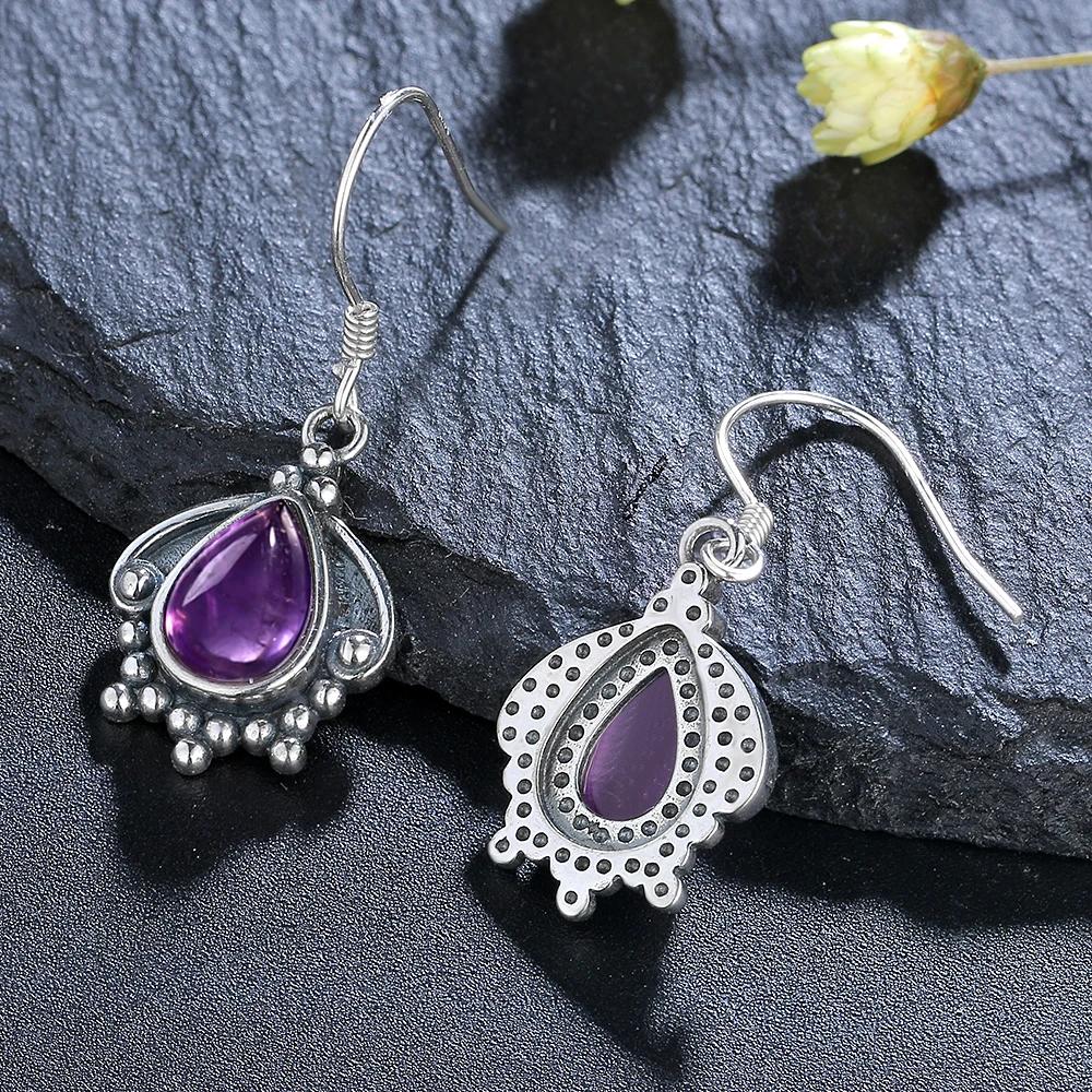 QIBAOKU Silver Drop Earrings 7X9MM Natural Amethyst Charoite Vintage for Women Party Anniversary Gifts Wholesale