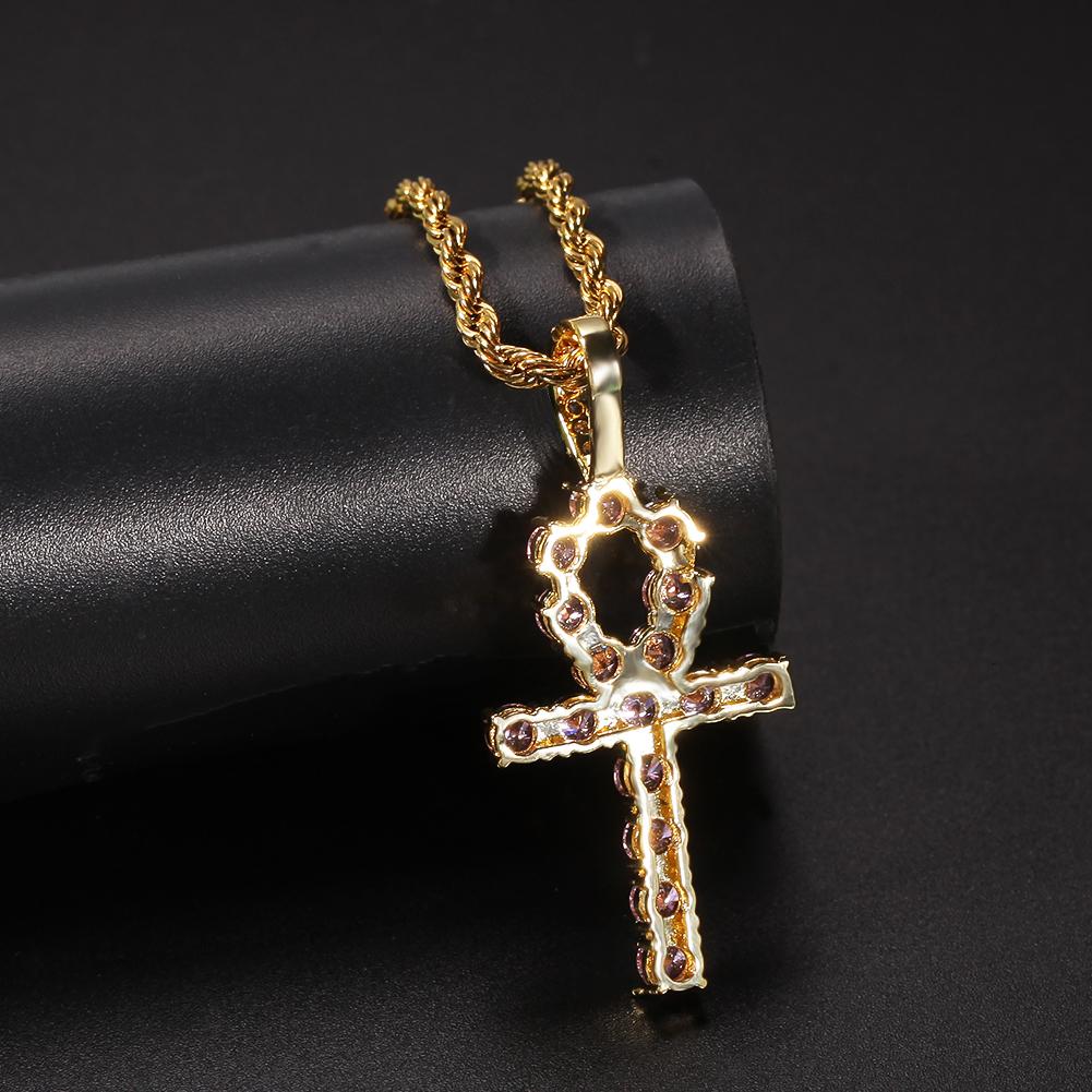 THE BLING KING Ankh Cross Pendant Pink Iced Cubic Zirconia Stones Gold Silver Color Necklace Colored Fashion Hiphop Jewelry